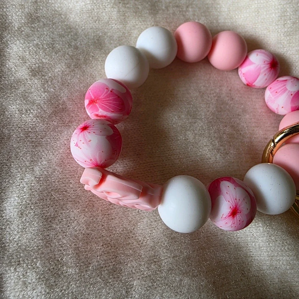 Pink Floral Silicone Bead Wristlet Keychain Monstera Leaf Tassel Gold Hardware